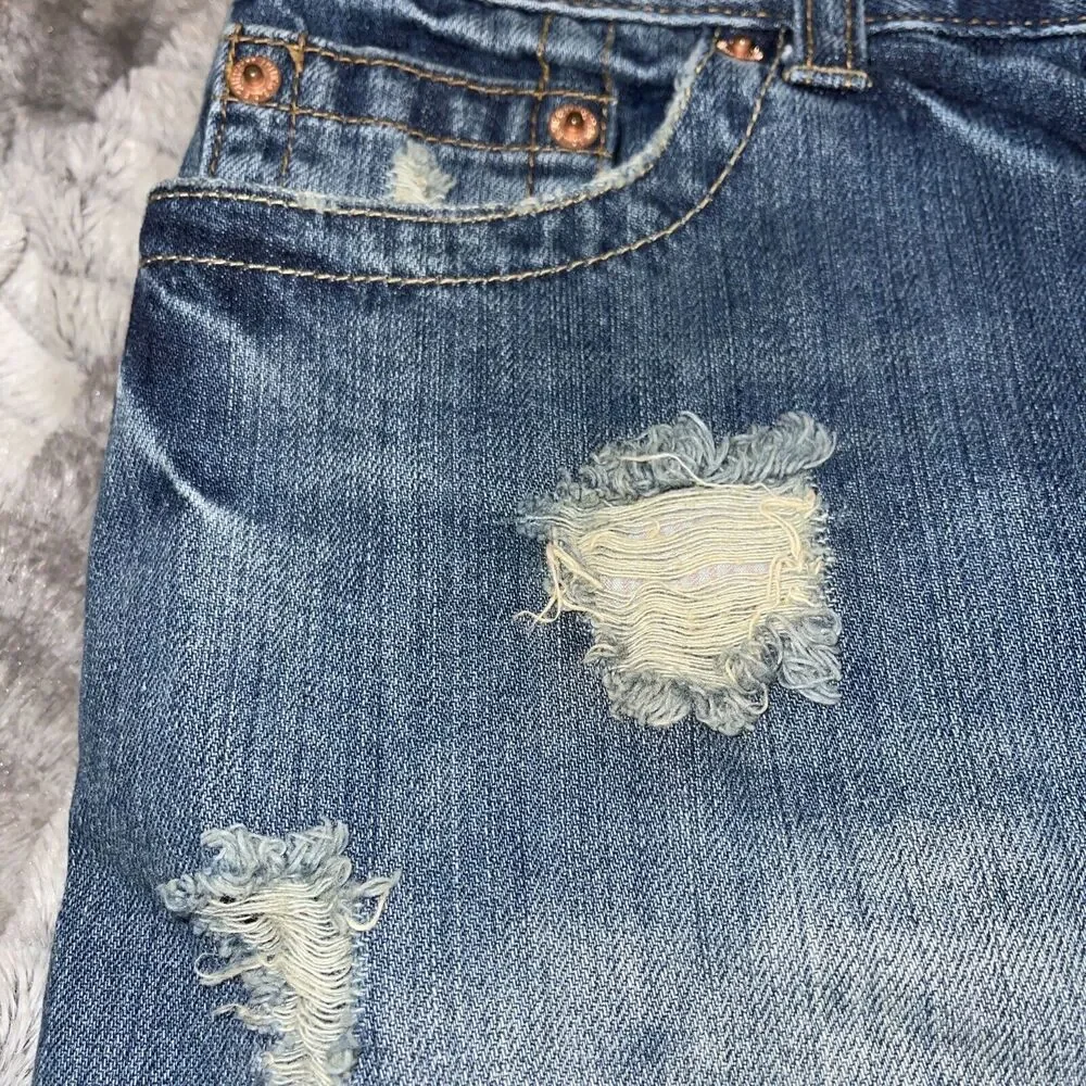 American Eagle Hi-Rise Mini Skirt Denim Distressed Size 6 Raw Hem Length 17”